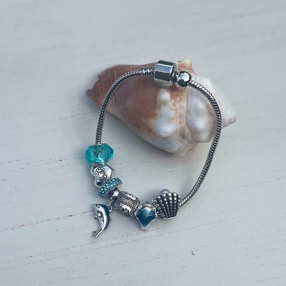 Aqua blue silver charms bracelet